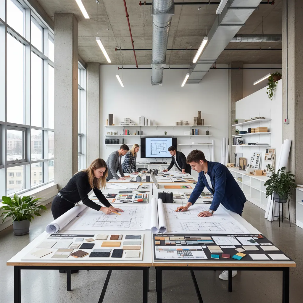 interior design students working in studio with floor plans and material boards