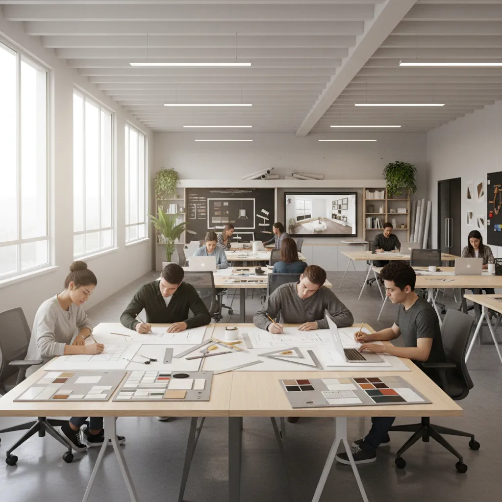Interior design students working on layout sketches and material boards in studio class