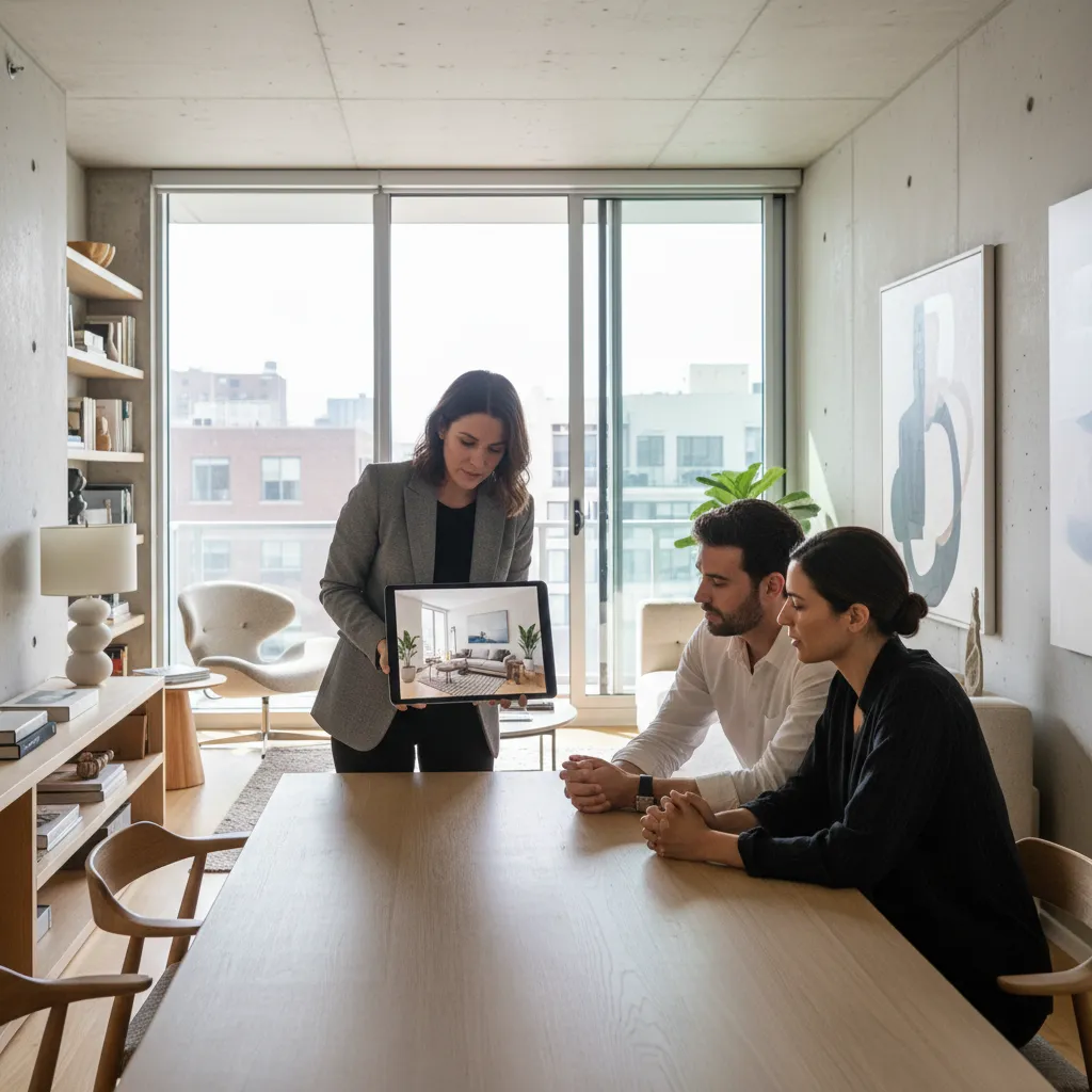 Interior designer showing a room design on a tablet to a couple at a table