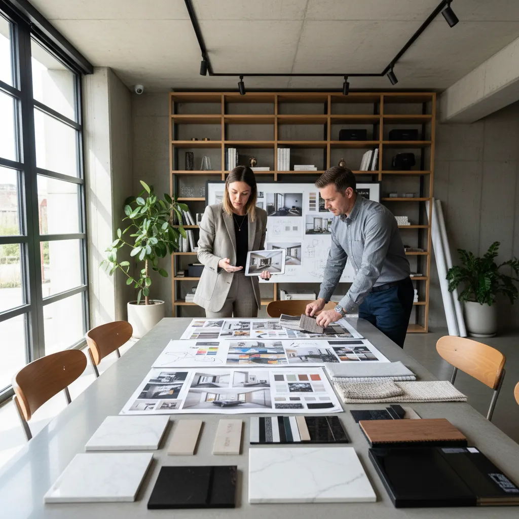 Two designers discussing interior design plans with mood board materials and tablet on large table