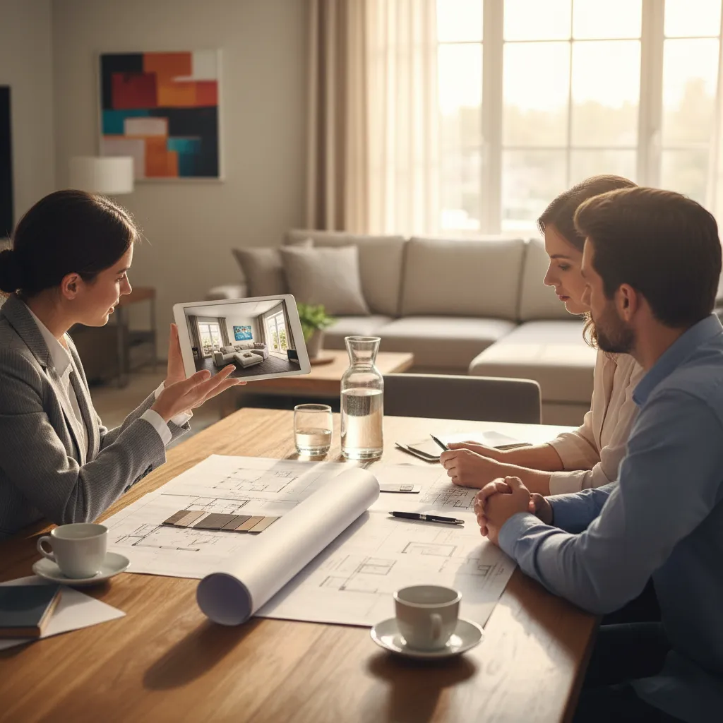 Reunión entre diseñador de interiores y cliente revisando un proyecto