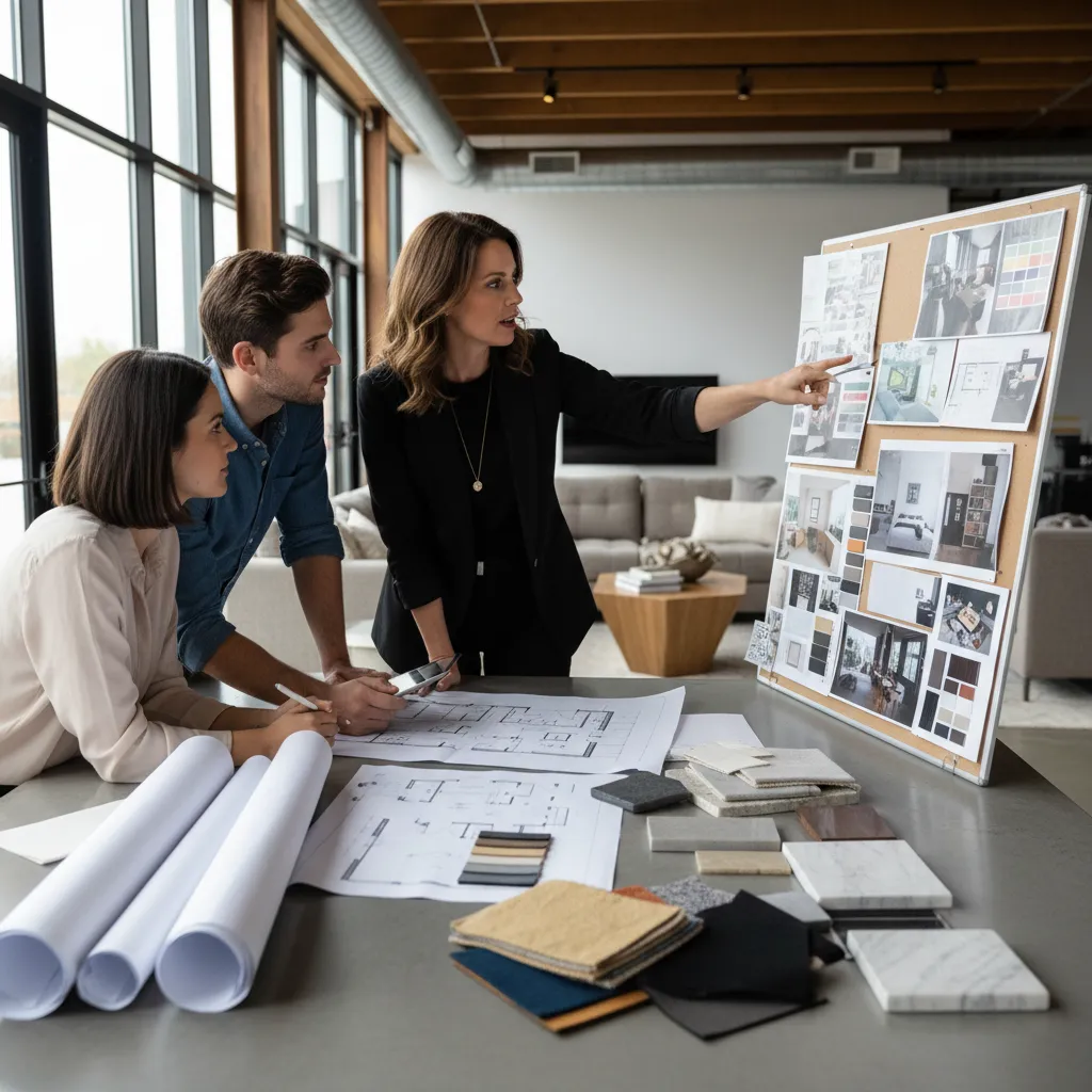 Diseñador de interiores presentando ideas a clientes