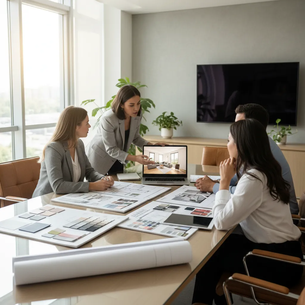 Interior designer showing room design on laptop to clients during meeting with floor plans samples