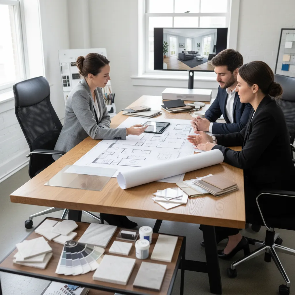 Reunión entre diseñador de interiores y clientes revisando planos de vivienda