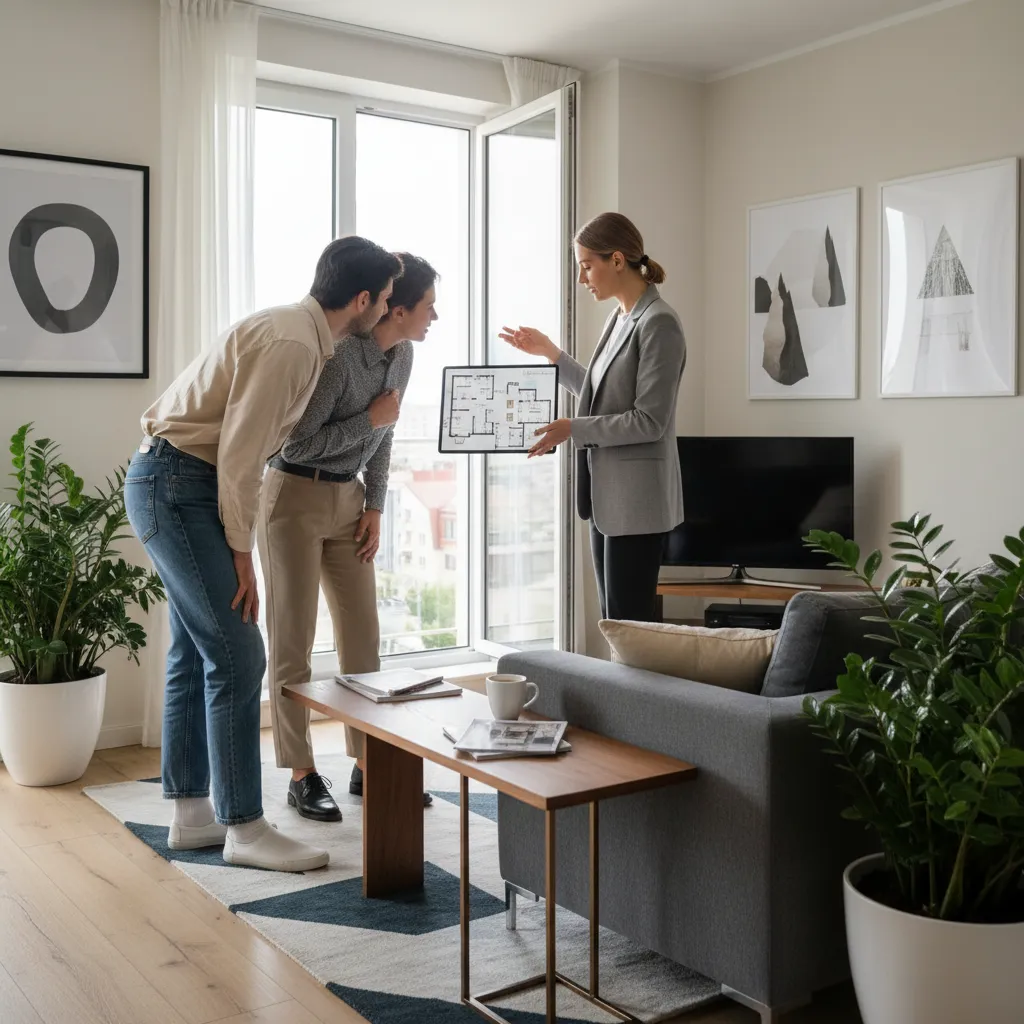 Decorador mostrando propuesta de diseño a clientes en una vivienda