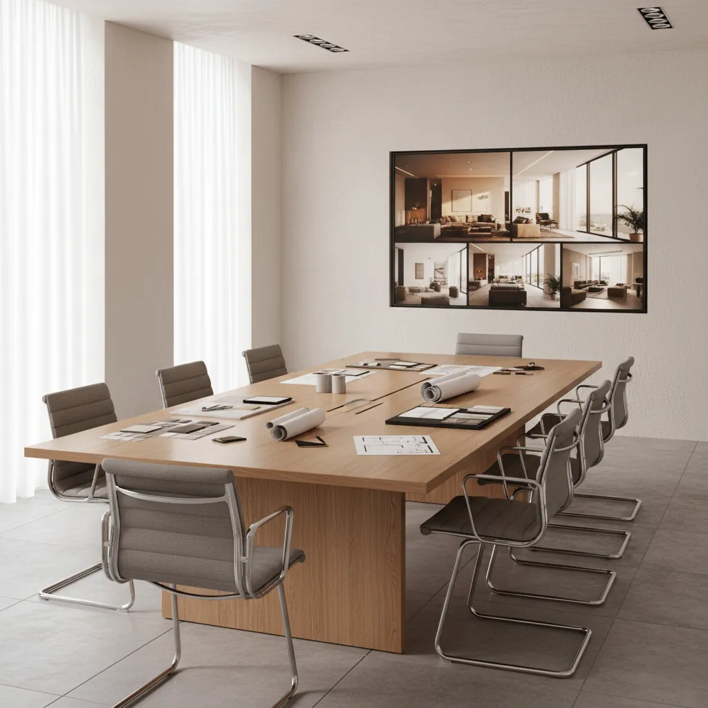 Interior design studio client meeting space with material table and display screen