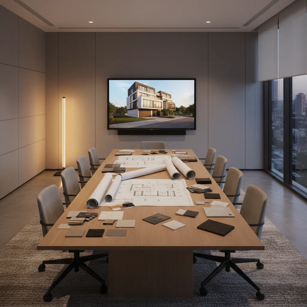 Meeting room with floor plans and material samples on wooden table and house design on screen