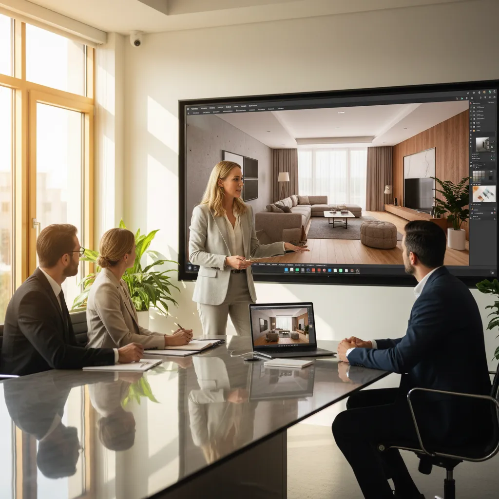 Diseñador presentando un proyecto interior en pantalla a un cliente