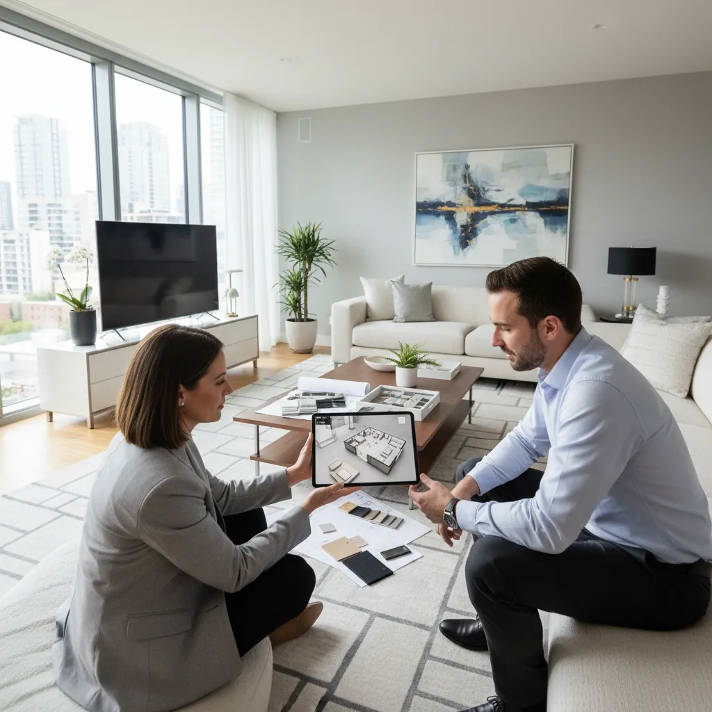 Diseñador mostrando un proyecto de interiorismo a un cliente