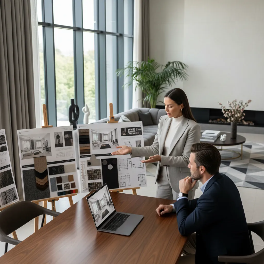 Diseñadora mostrando propuesta de interiorismo a un cliente