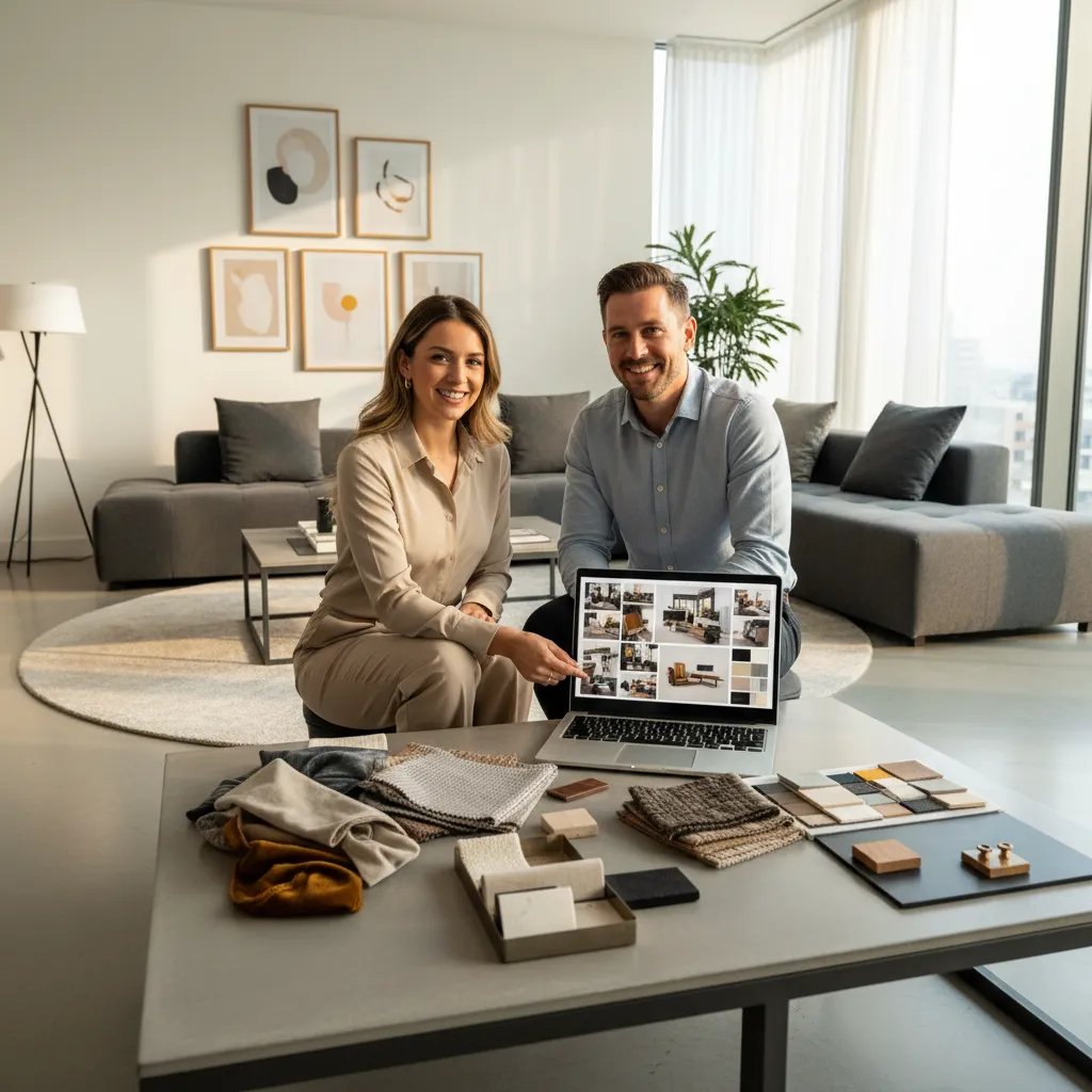 interior designer presenting digital mood board and project proposal to client