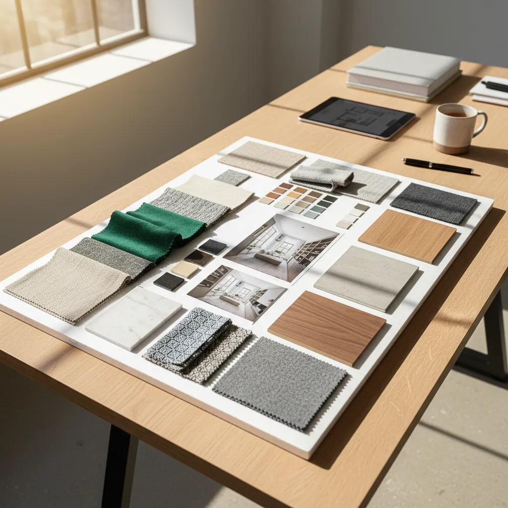Interior design presentation board with materials and renderings