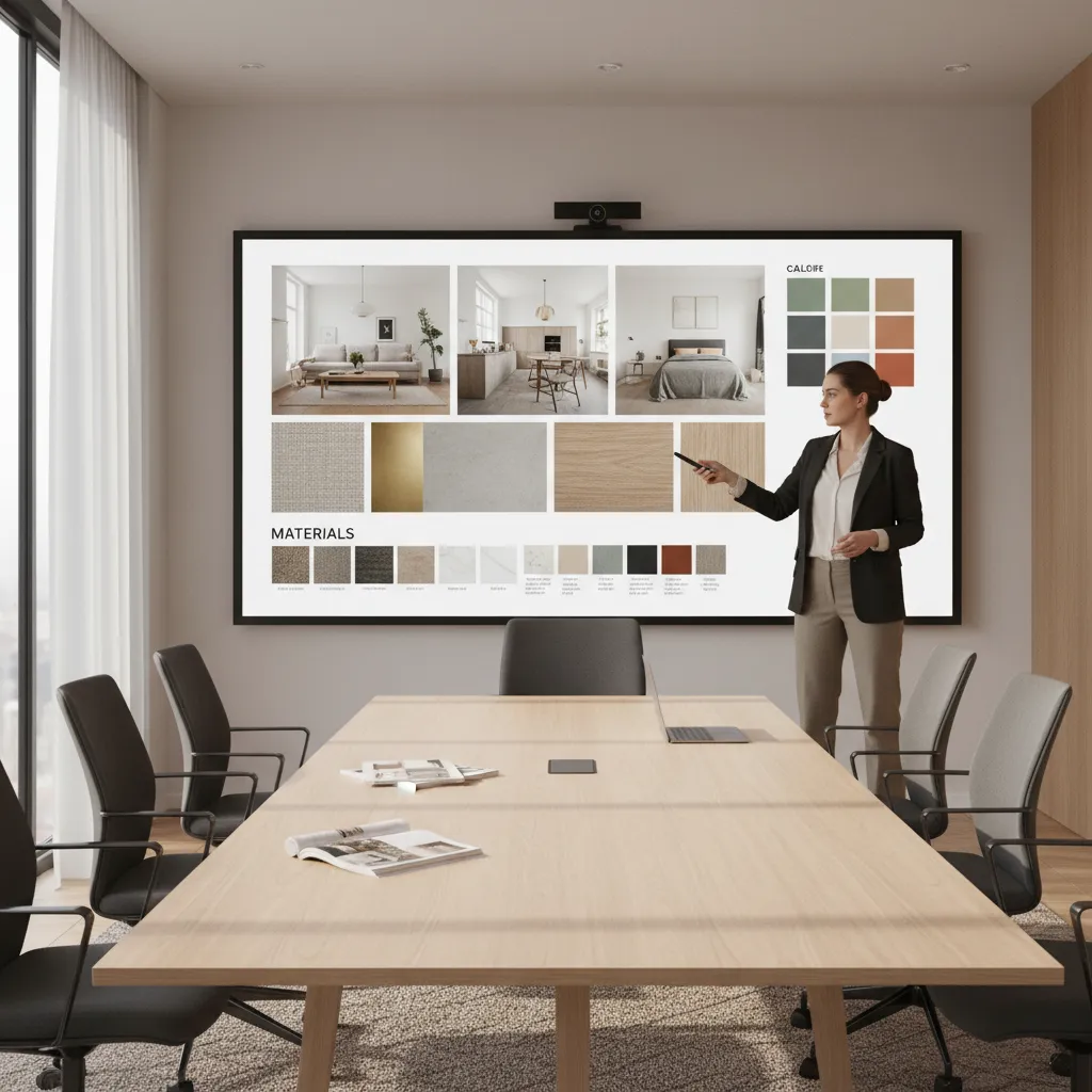 Interior design client presentation showing mood board and material inspiration