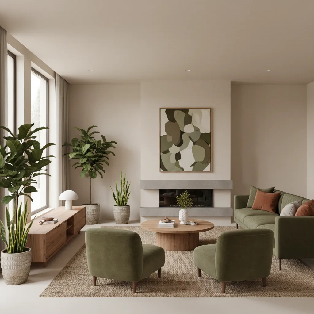 Green sofa and chairs in a living room with wooden table fireplace and potted plants
