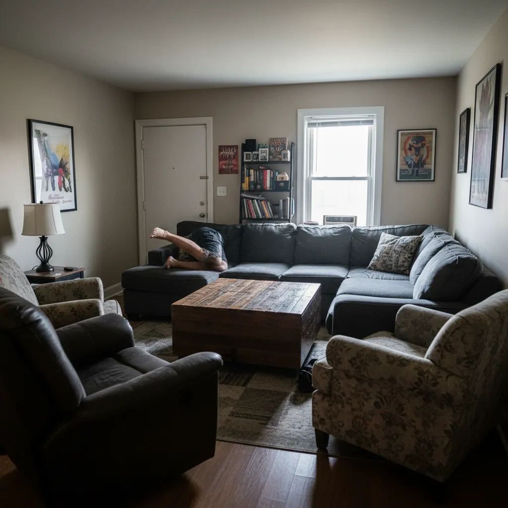 Living room with large grey sofa wooden coffee table armchairs and person hiding behind sofa cushions