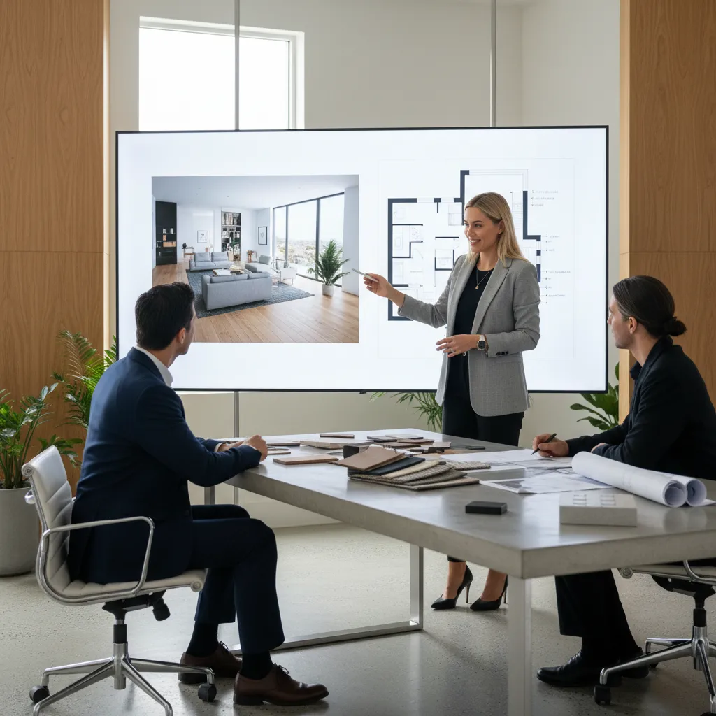 Female designer presenting living room interior design drawing and layout to clients in a meeting