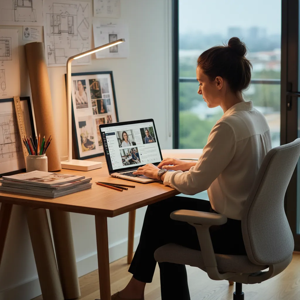 Diseñador participando en comunidad online de interiorismo desde su ordenador