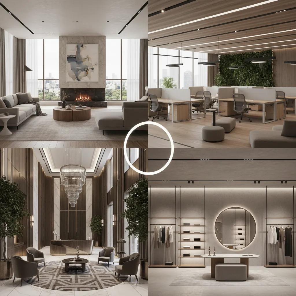 Collage showing a modern living room, office workspace, hotel reception area, and a clothing store