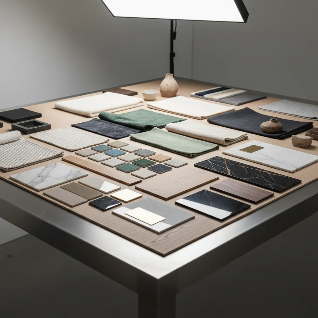 Moodboard de interiorismo con materiales, telas y colores