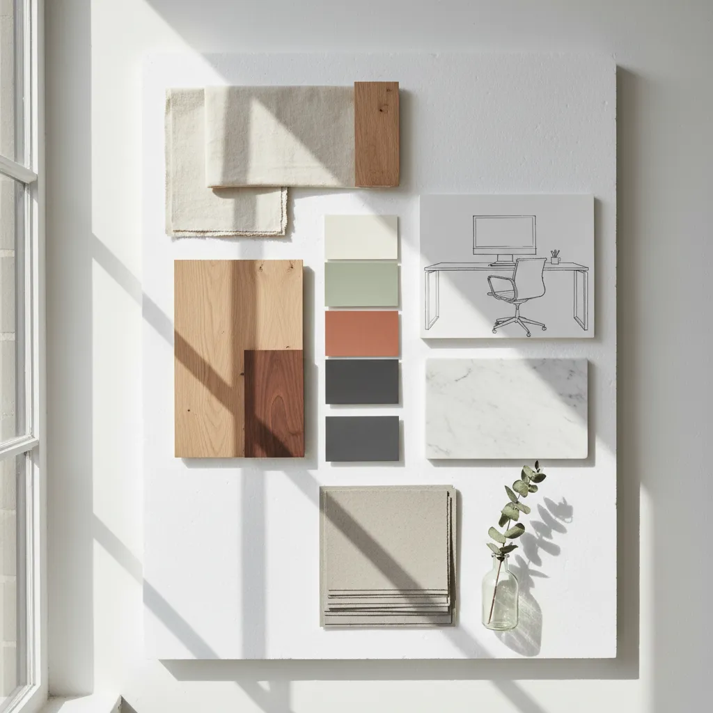 Interior design mood board with fabric wood color samples a desk sketch and marble tile
