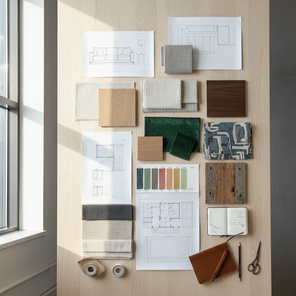 Fabric swatches wood samples floor plans and color palette on wooden table for design project