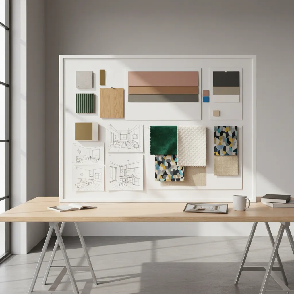 Panel conceptual con materiales, colores y bocetos de diseño interior