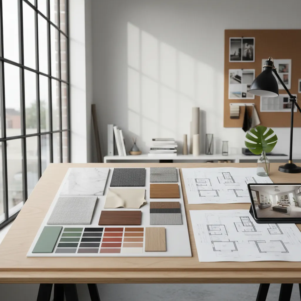 Mesa de trabajo con muestras de materiales y planos de interiorismo
