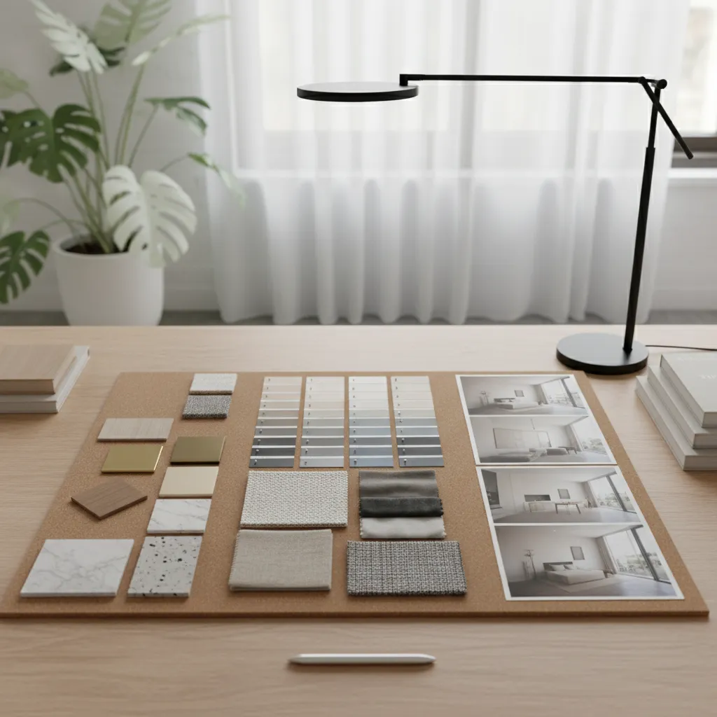 interior design concept board with materials colors and reference photos