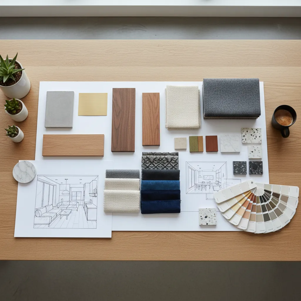 Interior design concept board showing unified color palette and materials