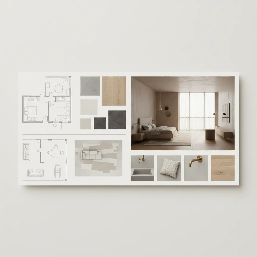 Panel de diseño interior con distribución y materiales