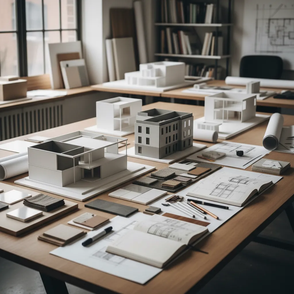 Maquetas conceptuales de proyectos de diseño de interiores sobre una mesa de trabajo