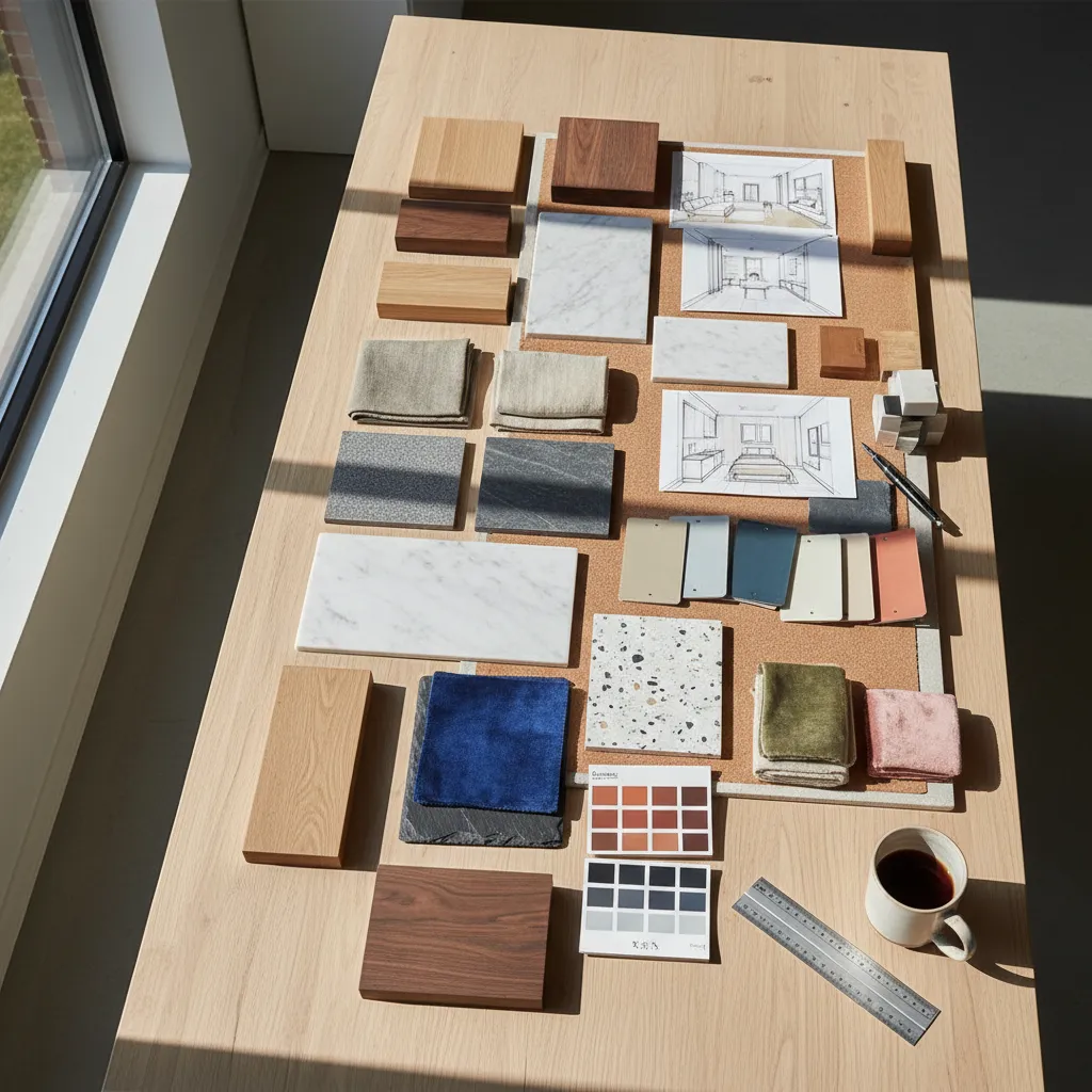 Tablero de inspiración con materiales, colores y texturas para desarrollar un concepto de diseño interior