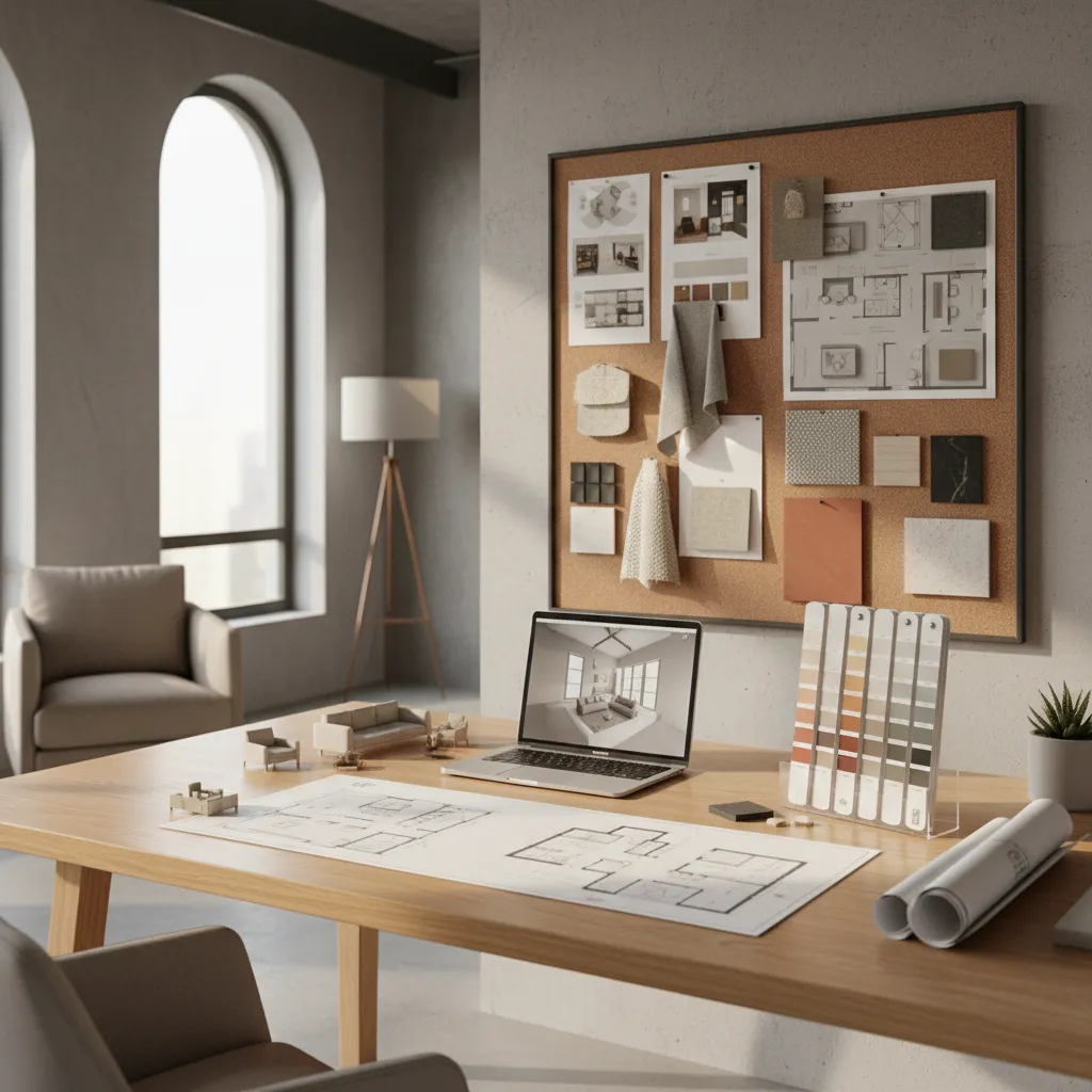 interior designer reviewing mood board materials and layout sketches for residential design planning