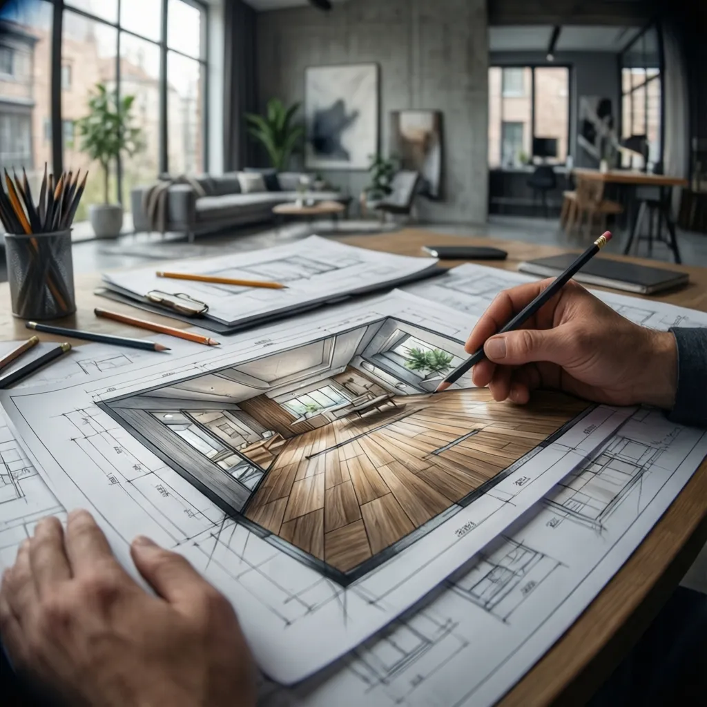 Diseñador revisando bocetos y planos conceptuales de un espacio interior