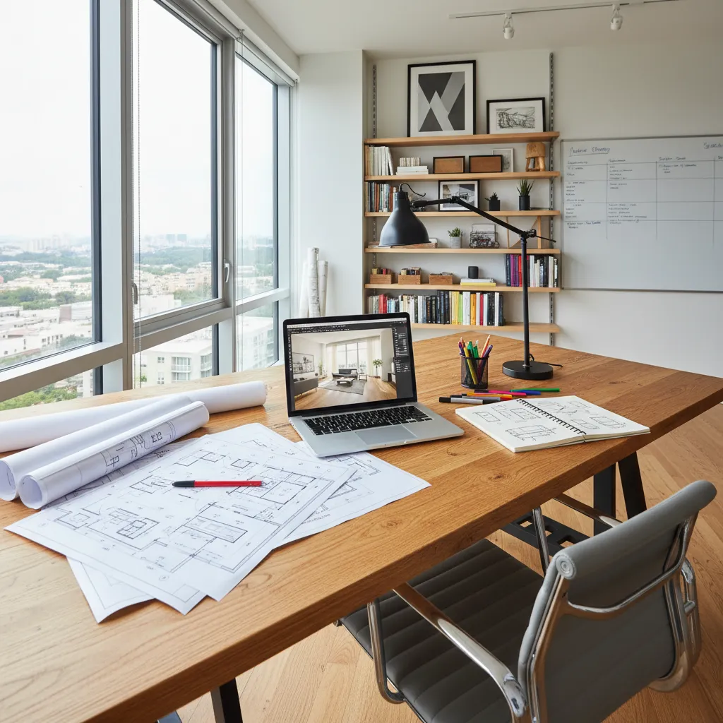 Proceso de diseño interior con planos y visualizaciones