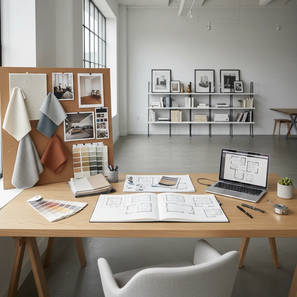 interior designer desk with sketches mood boards and material samples during concept development stage