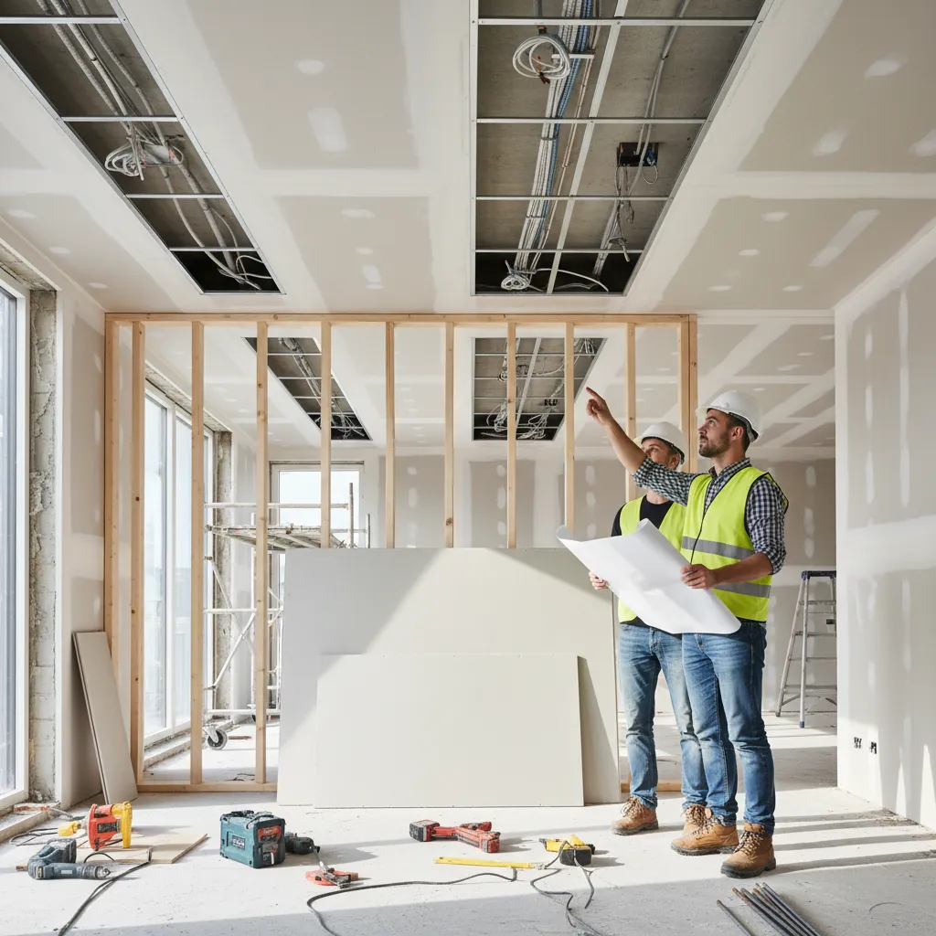 Detalle de obra interior con iluminación y falso techo en construcción