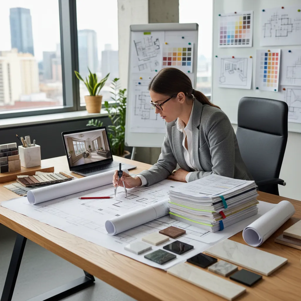 Female designer working on a room layout with a compass, material samples, and a laptop