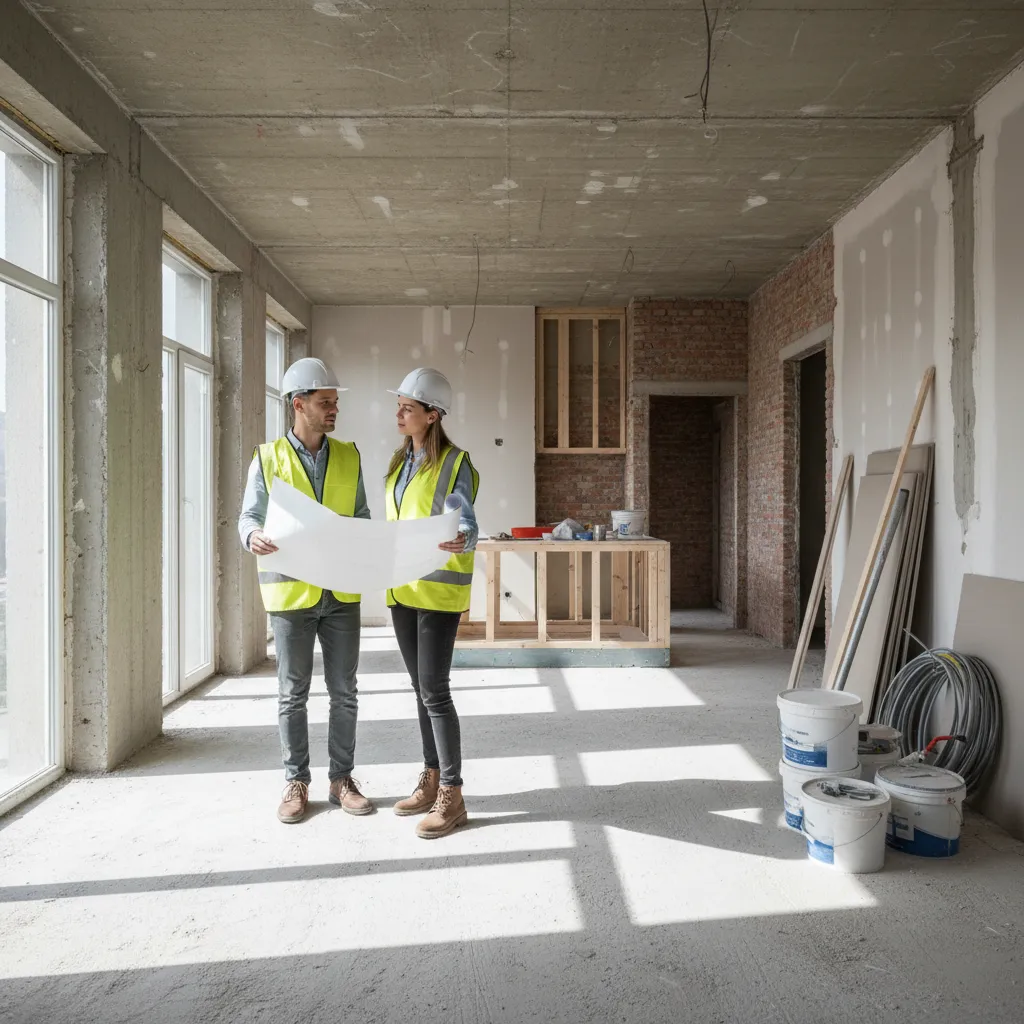 Diseñador revisando una obra de reforma interior con planos en mano
