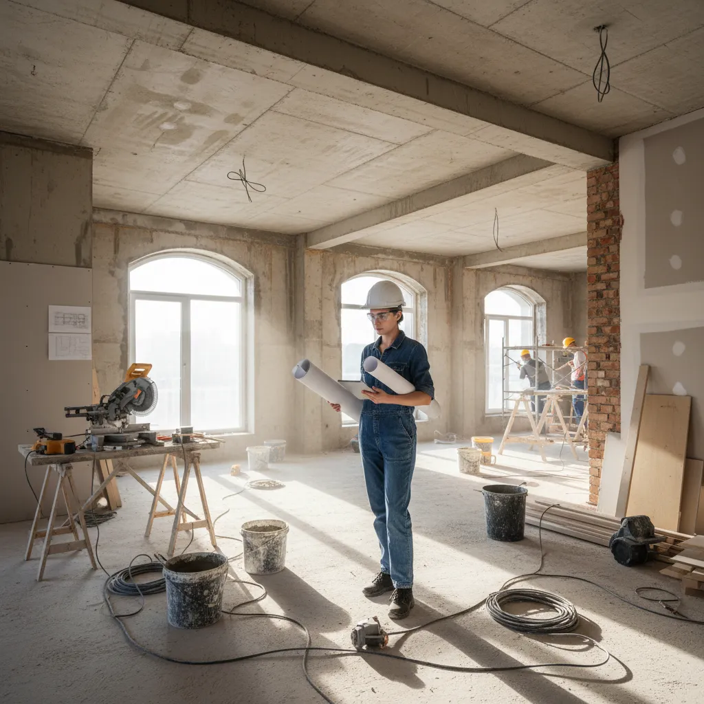 Female worker in white hard hat holding interior design drawings at an indoor house construction