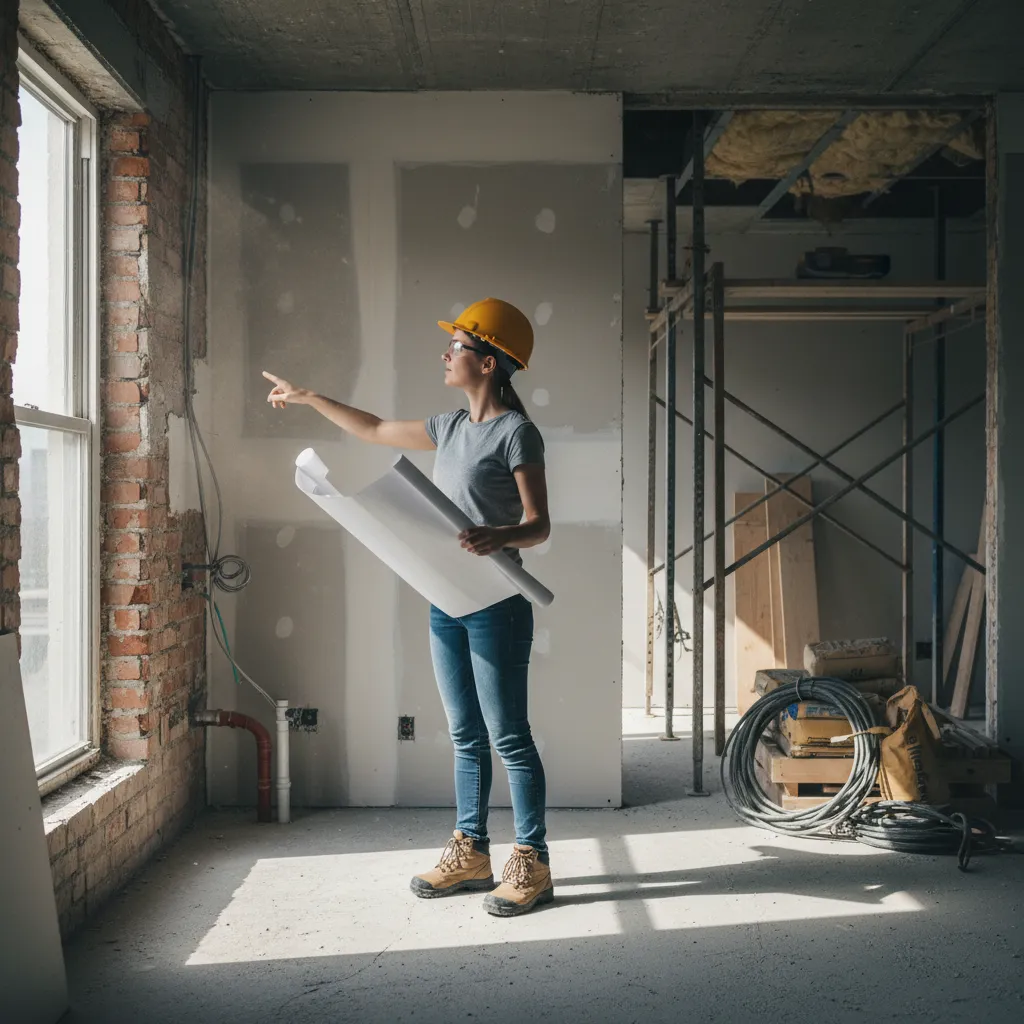 Interiorista revisando una obra de reforma en vivienda