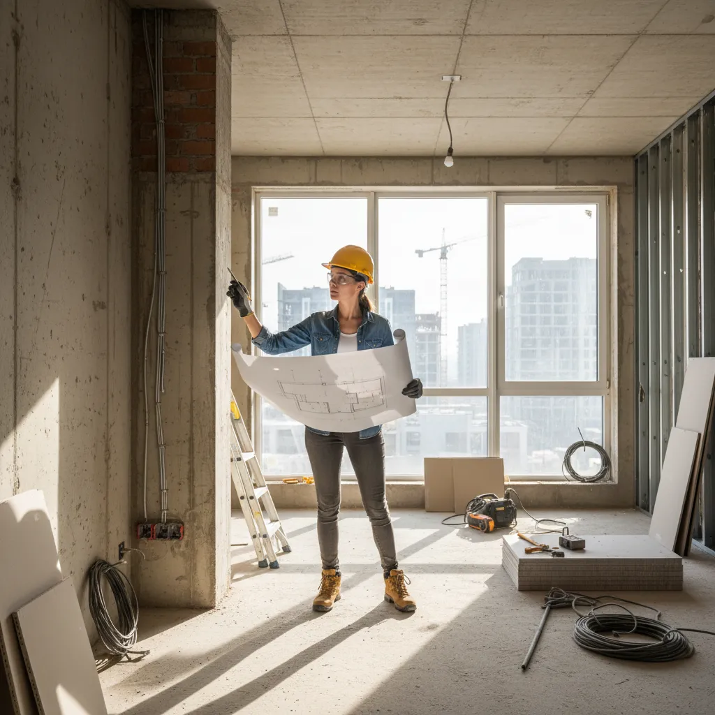 Woman wearing yellow hard hat holding room layout drawing inside an unfinished interior design site