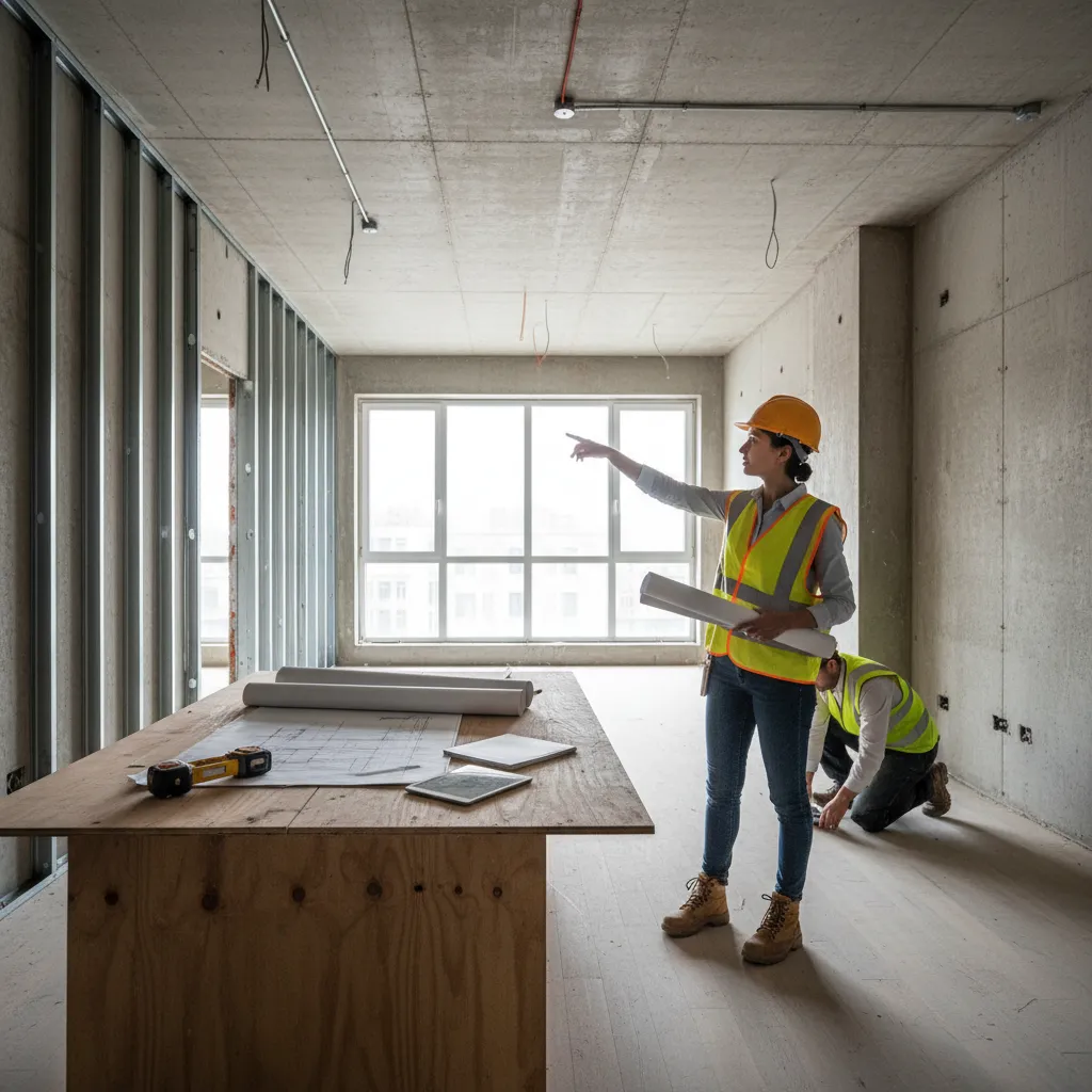 Woman in safety vest pointing at windows in a room under construction with floor plans nearby