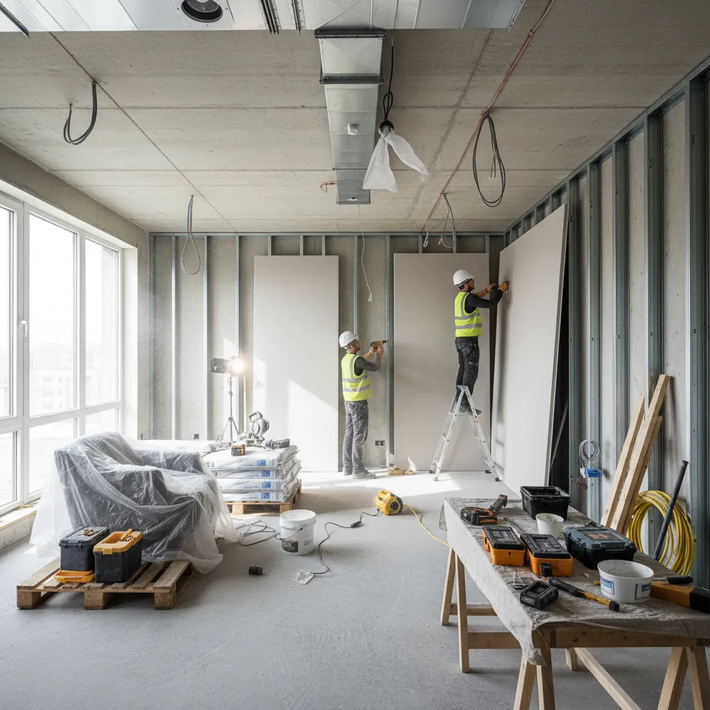 Construction workers installing white wall panels in a room with tools and a wooden work table