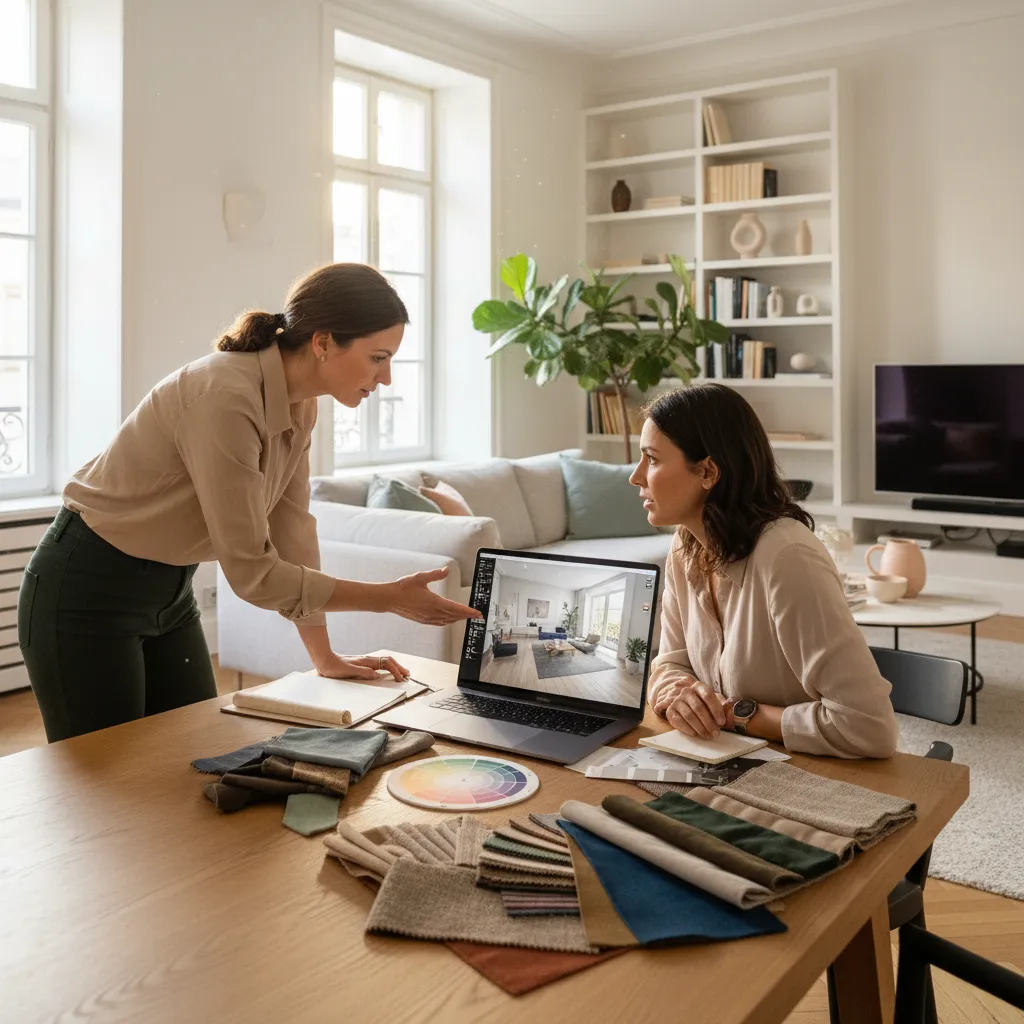 Decoradora mostrando ideas de diseño a un cliente en una sala de estar