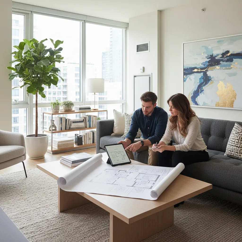 Man and woman reviewing floor plan on tablet and table in bright modern living room
