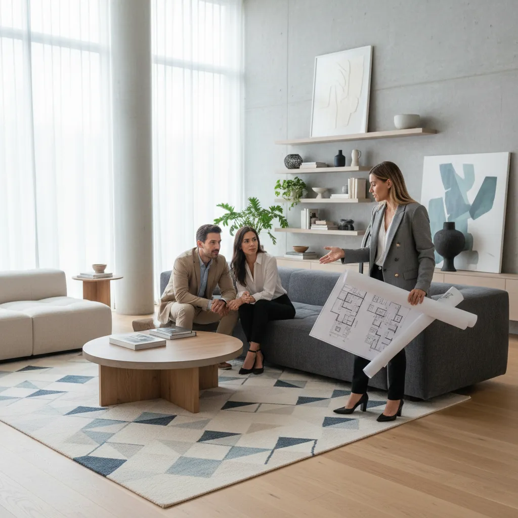 Diseñador de interiores explicando planos a una pareja en un salón moderno
