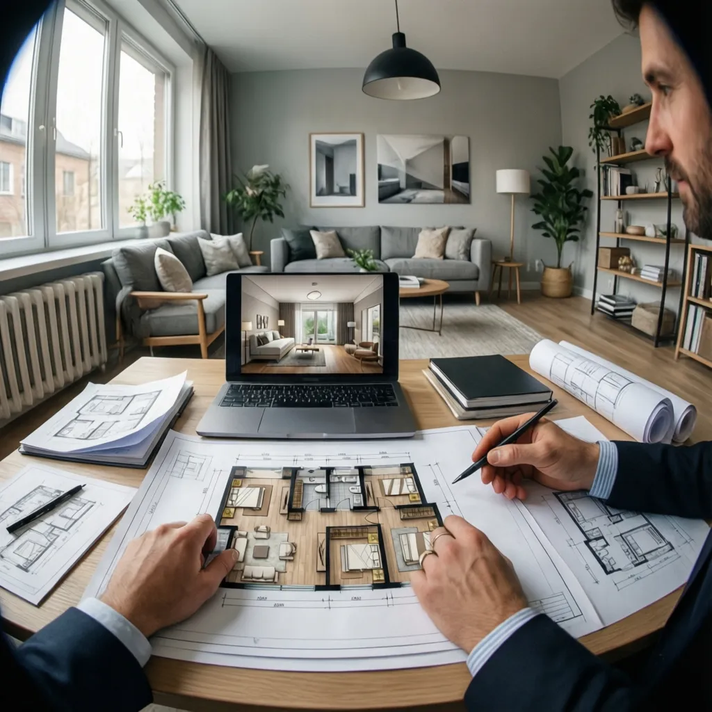 Asesoría de diseño de interiores revisando planos en una mesa