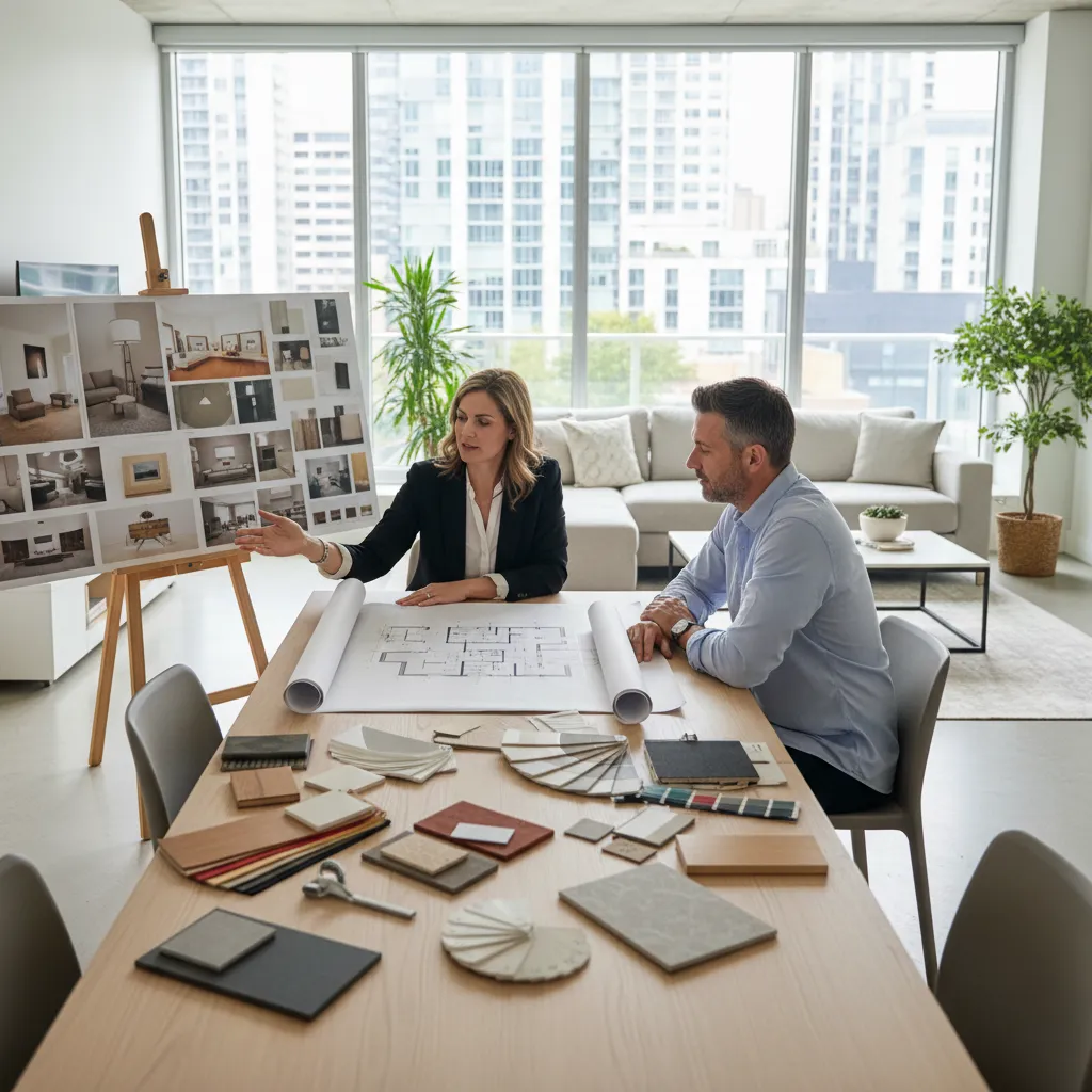 Female interior designer reviews room layout with client at table with several home material samples