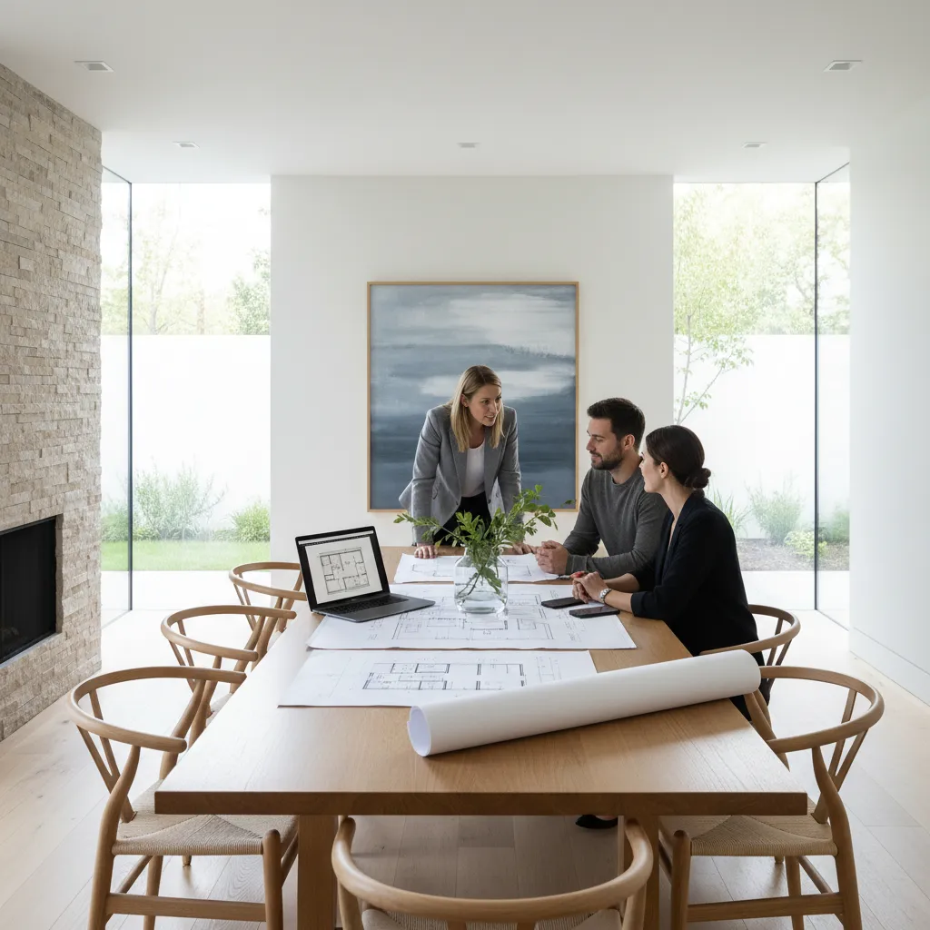 interior designer discussing design charges and project budget with homeowner at table